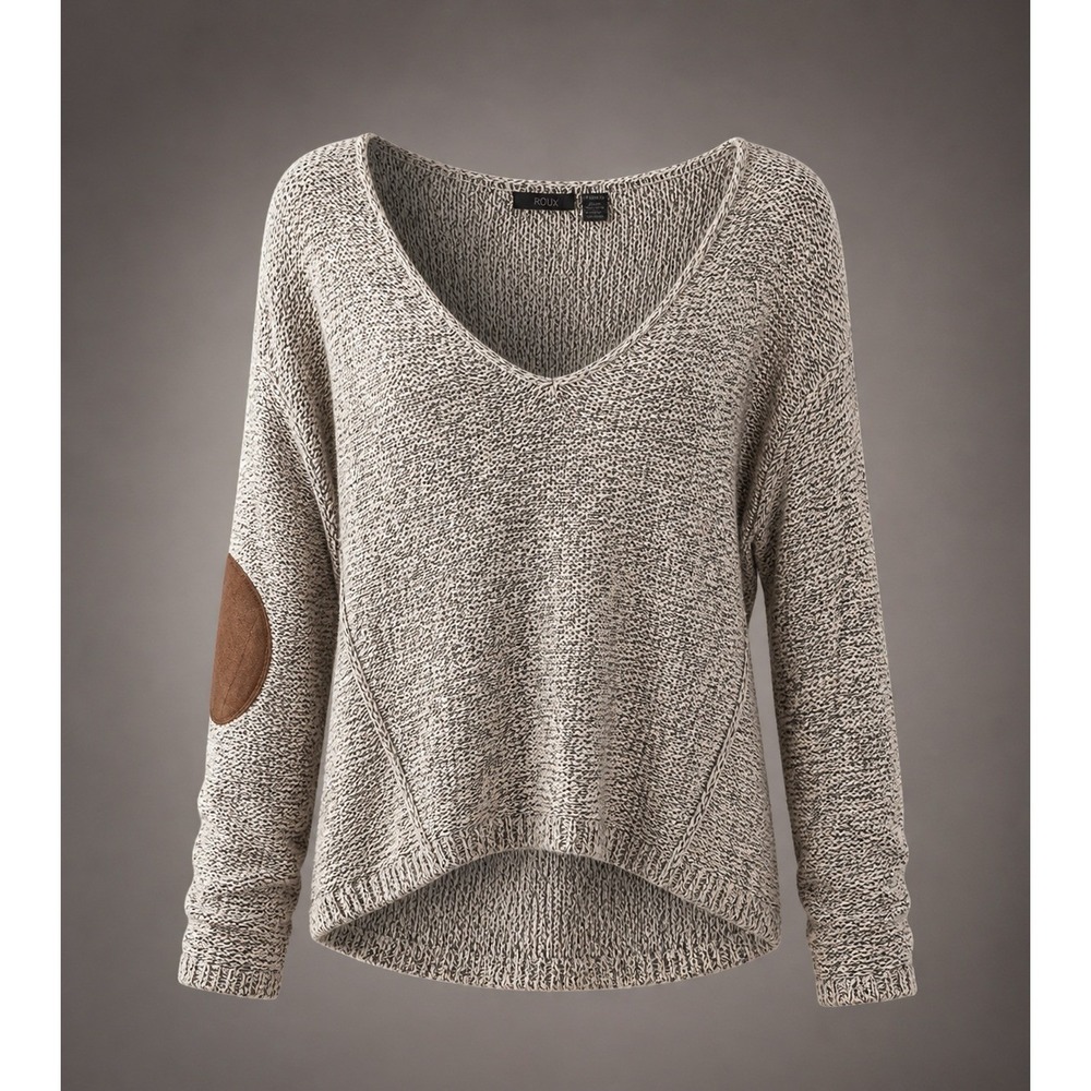 RDI Beige Black Marled Pullover Sweater XL V-Neck Elbow Patch Cozy Knit NWT